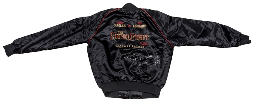 1987 Angelo Dundee Signed & Inscribed Hagler vs Leonard "The Super Fight" Promo Jacket (Dundee LOA & JSA) 